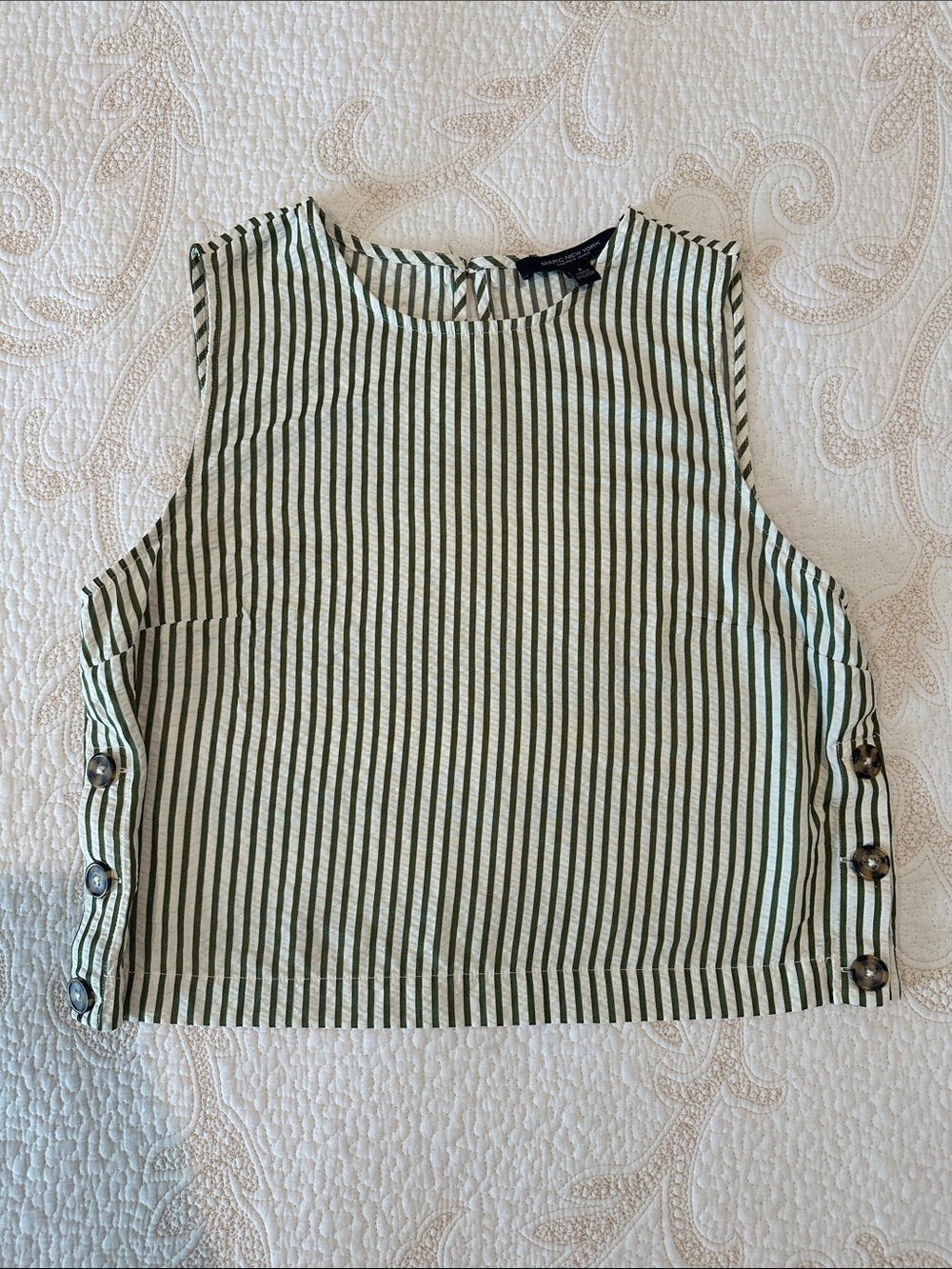 Striped Green and White Sleeveless Crop Tank with Side Button Detail